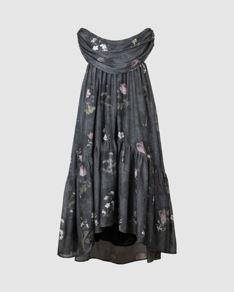 New printed dresses collection pre-order 29.11.2024 - 13.12.2024 and Black Friday sale! 15 Dark floral printed evening gown with cowl drapery on the neckline and irregular hemline