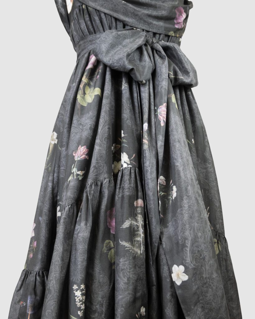 New printed dresses collection pre-order 29.11.2024 - 13.12.2024 and Black Friday sale! 19 Dark floral printed evening gown with cowl drapery on the neckline and irregular hemline