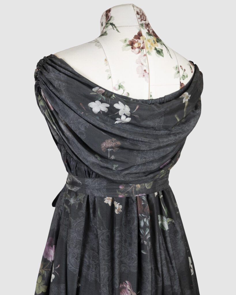 New printed dresses collection pre-order 29.11.2024 - 13.12.2024 and Black Friday sale! 21 Dark floral printed evening gown with cowl drapery on the neckline and irregular hemline