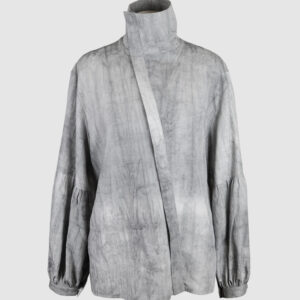 Relaxed fit shirt with stand collar, press stud asymmetrical fastening and double gathered bishop sleeves.