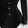 Fitted, single breasted cotton velvet jacket with a narrow peak lapel collar, released tucks at the waist, side seam pockets, and a softly pointed front hem.