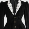 Fitted, single breasted cotton velvet jacket with a narrow peak lapel collar, released tucks at the waist, side seam pockets, and a softly pointed front hem.