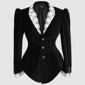 Fitted, single breasted cotton velvet jacket with a narrow peak lapel collar, released tucks at the waist, side seam pockets, and a softly pointed front hem.