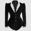 Fitted, single breasted cotton velvet jacket with a narrow peak lapel collar, released tucks at the waist, side seam pockets, and a softly pointed front hem.