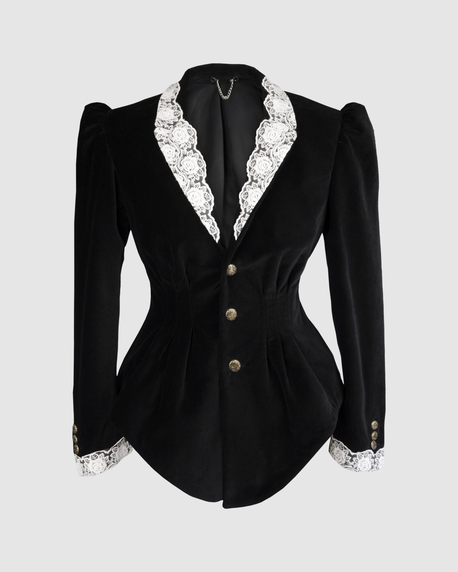 Fitted, single breasted cotton velvet jacket with a narrow peak lapel collar, released tucks at the waist, side seam pockets, and a softly pointed front hem.