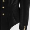 Fitted, single breasted cotton velvet jacket with a narrow peak lapel collar, released tucks at the waist, side seam pockets, and a softly pointed front hem.