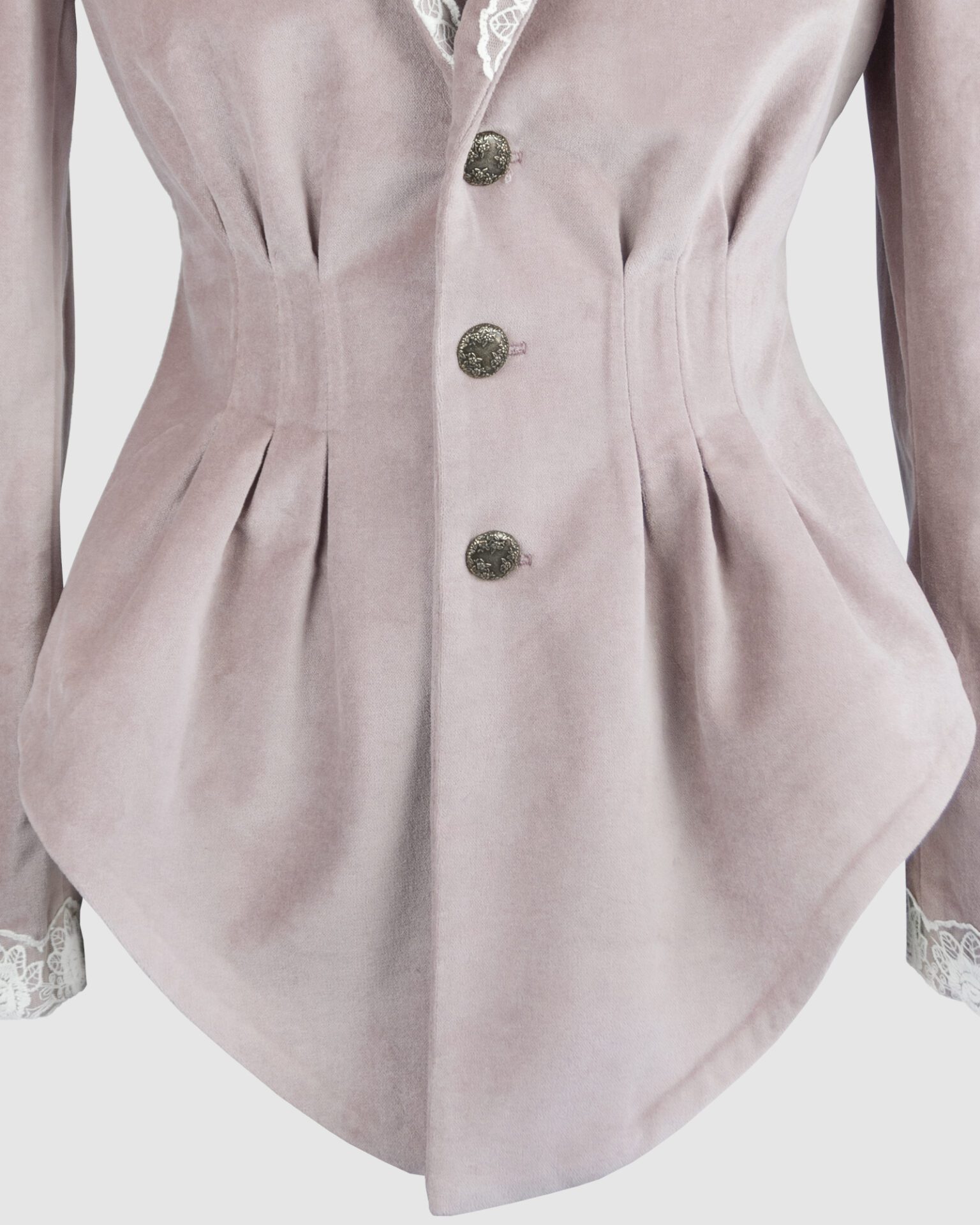 Fitted, single breasted cotton velvet jacket with a narrow peak lapel collar, released tucks at the waist, side seam pockets, and a softly pointed front hem.