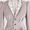 Fitted, single breasted cotton velvet jacket with a narrow peak lapel collar, released tucks at the waist, side seam pockets, and a softly pointed front hem.