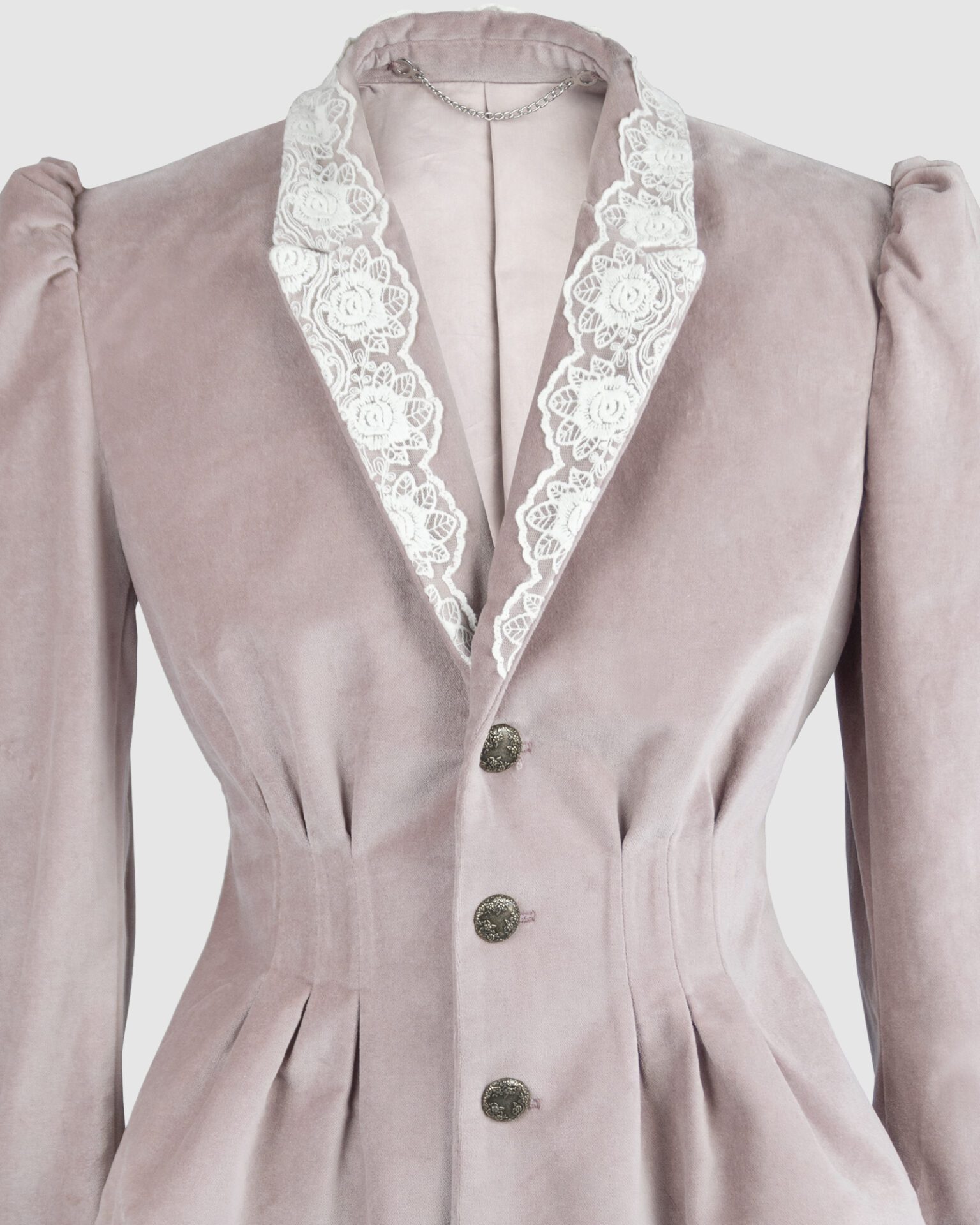 Fitted, single breasted cotton velvet jacket with a narrow peak lapel collar, released tucks at the waist, side seam pockets, and a softly pointed front hem.