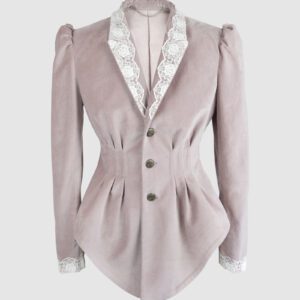 Fitted, single breasted cotton velvet jacket with a narrow peak lapel collar, released tucks at the waist, side seam pockets, and a softly pointed front hem.