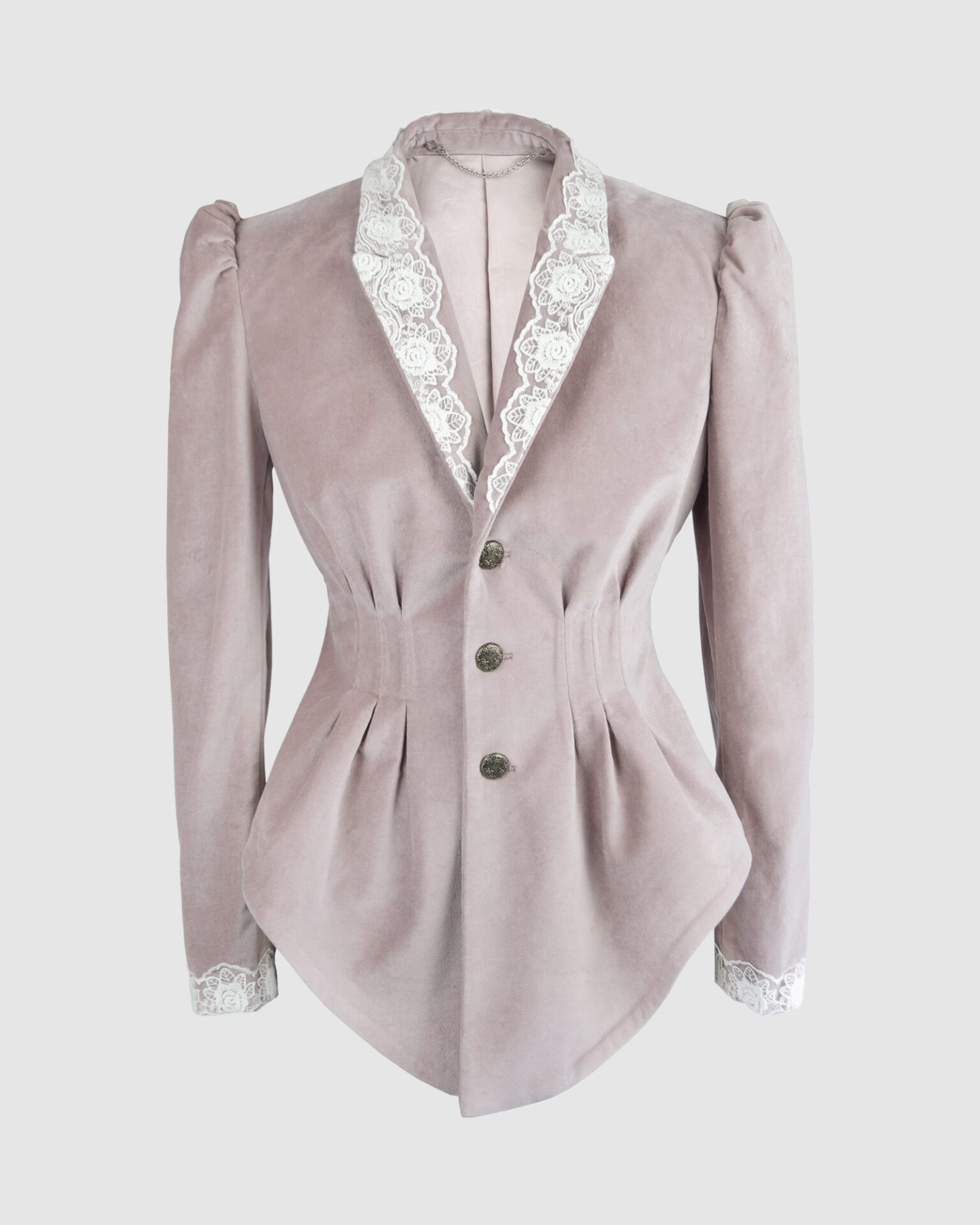 Fitted, single breasted cotton velvet jacket with a narrow peak lapel collar, released tucks at the waist, side seam pockets, and a softly pointed front hem.