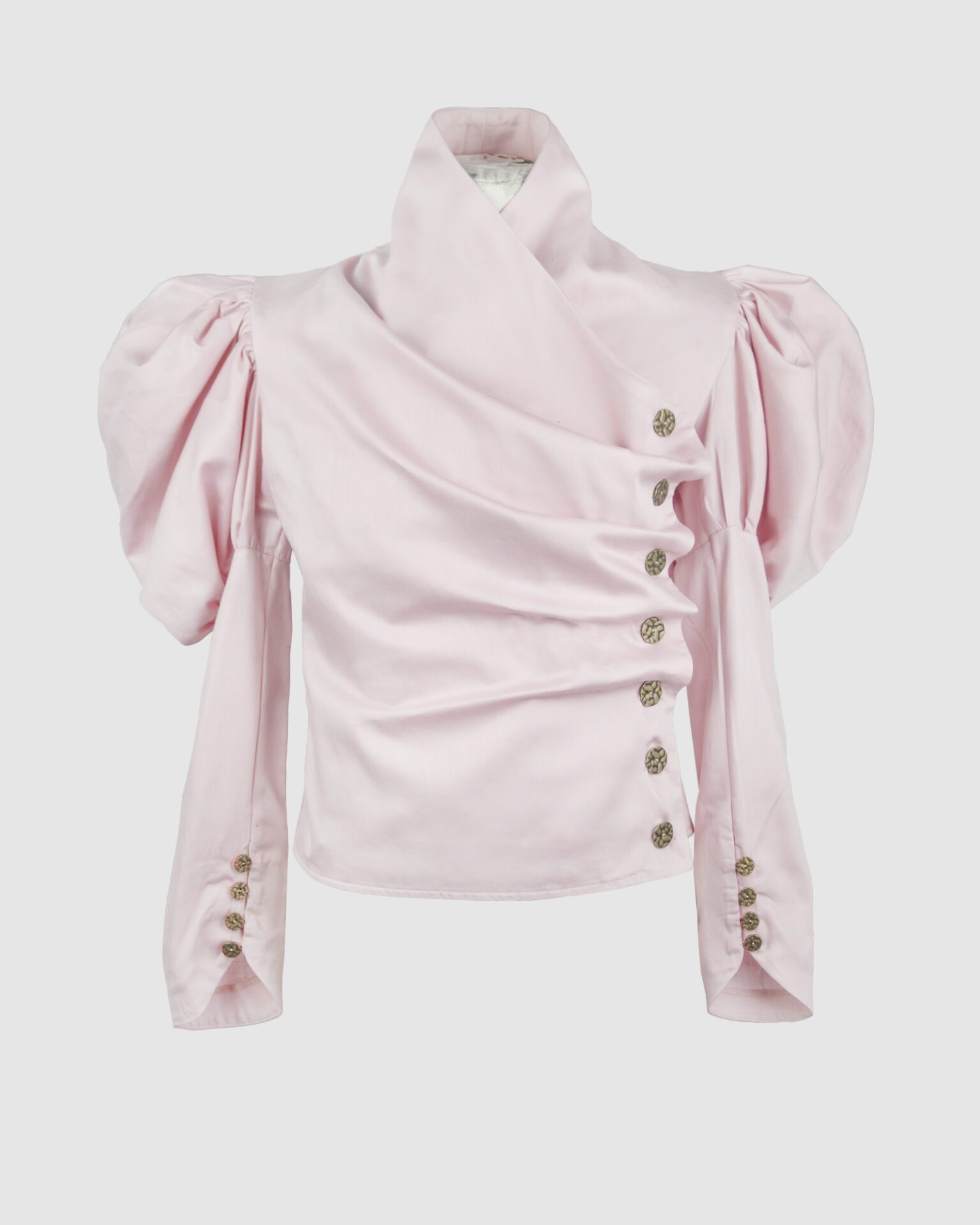 Cotton satin fitted blouse with a draped front and voluminous sleeves.