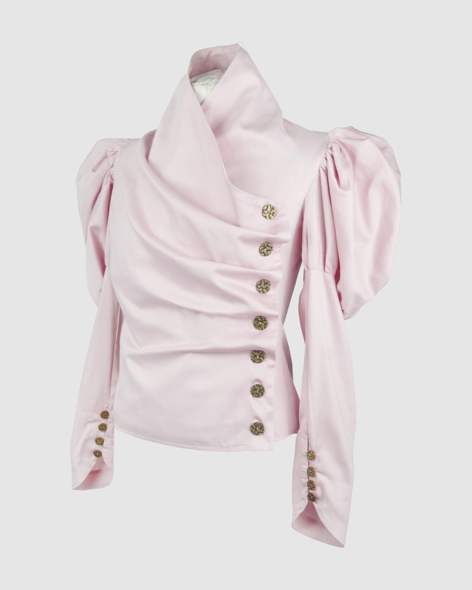 Cotton satin fitted blouse with a draped front and voluminous sleeves.