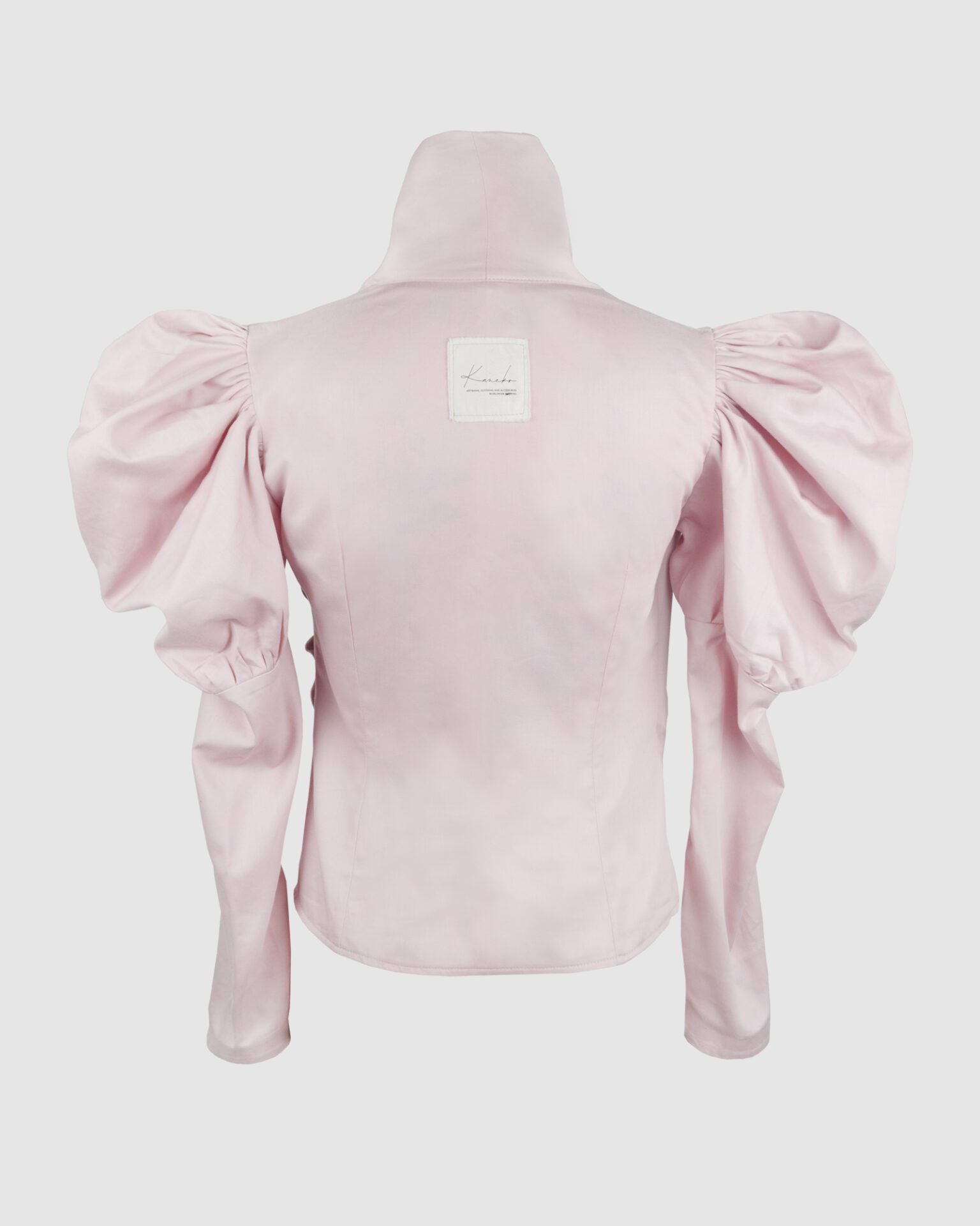 Cotton satin fitted blouse with a draped front and voluminous sleeves.