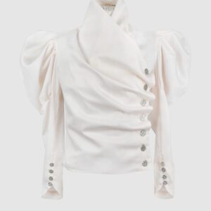 Cotton satin fitted blouse with a draped front and voluminous sleeves.