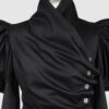 Cotton satin fitted blouse with a draped front and voluminous sleeves.