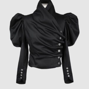 Cotton satin fitted blouse with a draped front and voluminous sleeves.
