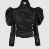 Cotton satin fitted blouse with a draped front and voluminous sleeves.