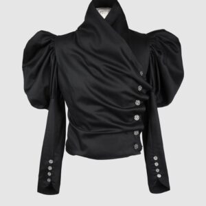 Cotton satin fitted blouse with a draped front and voluminous sleeves.