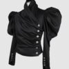 Cotton satin fitted blouse with a draped front and voluminous sleeves.