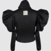 Cotton satin fitted blouse with a draped front and voluminous sleeves.