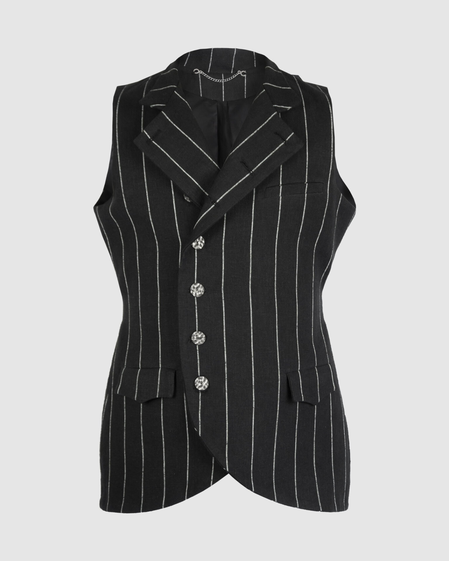 The long, fitted vest features a stand collar, a welt breast pocket, and pockets with pointed flaps.