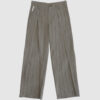 Regular rise, wide leg trousers. The front features a hidden metal button fastening, overlapping architectural pleats, and slash pockets.