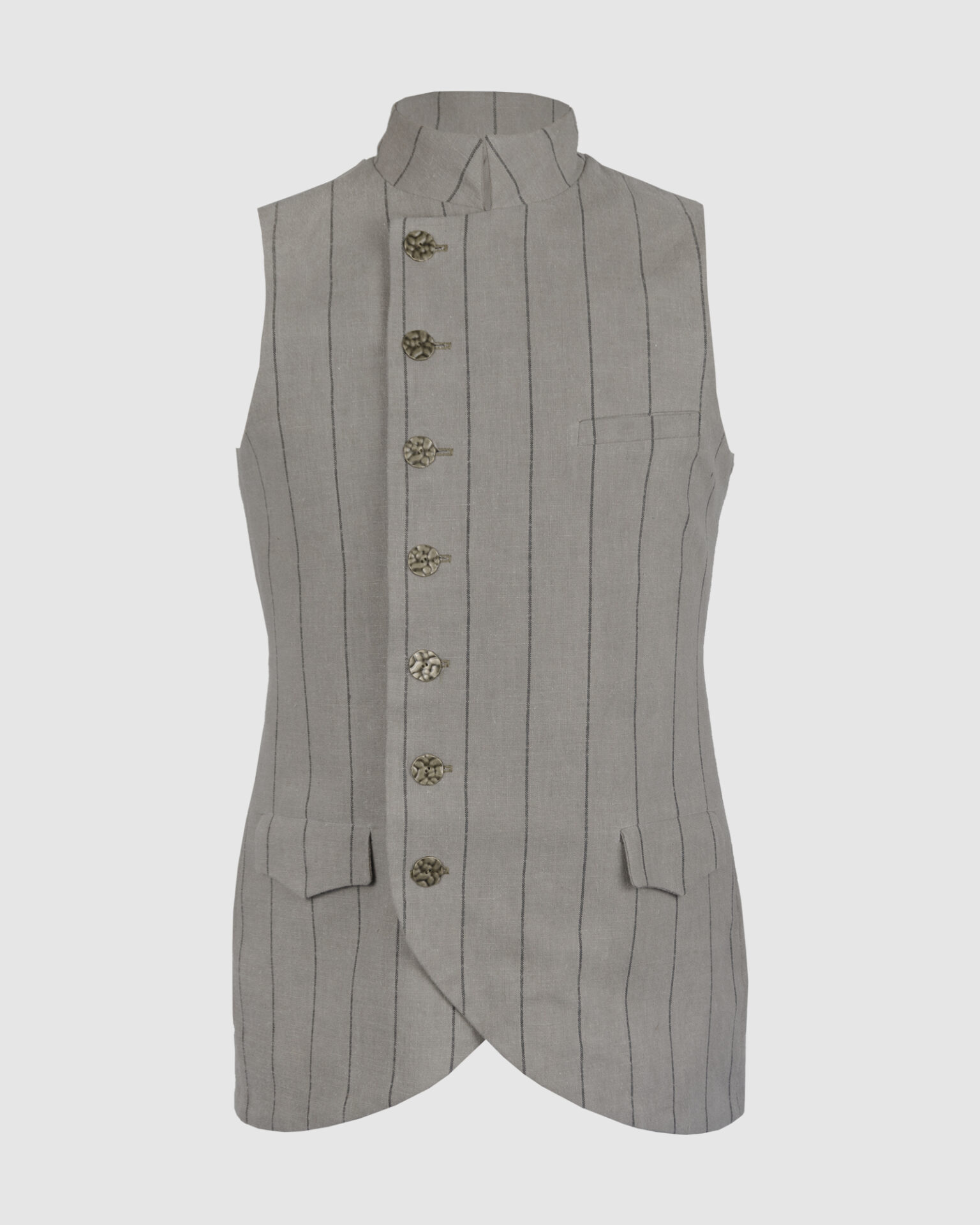 The long, fitted vest features a stand collar, a welt breast pocket, and pockets with pointed flaps.