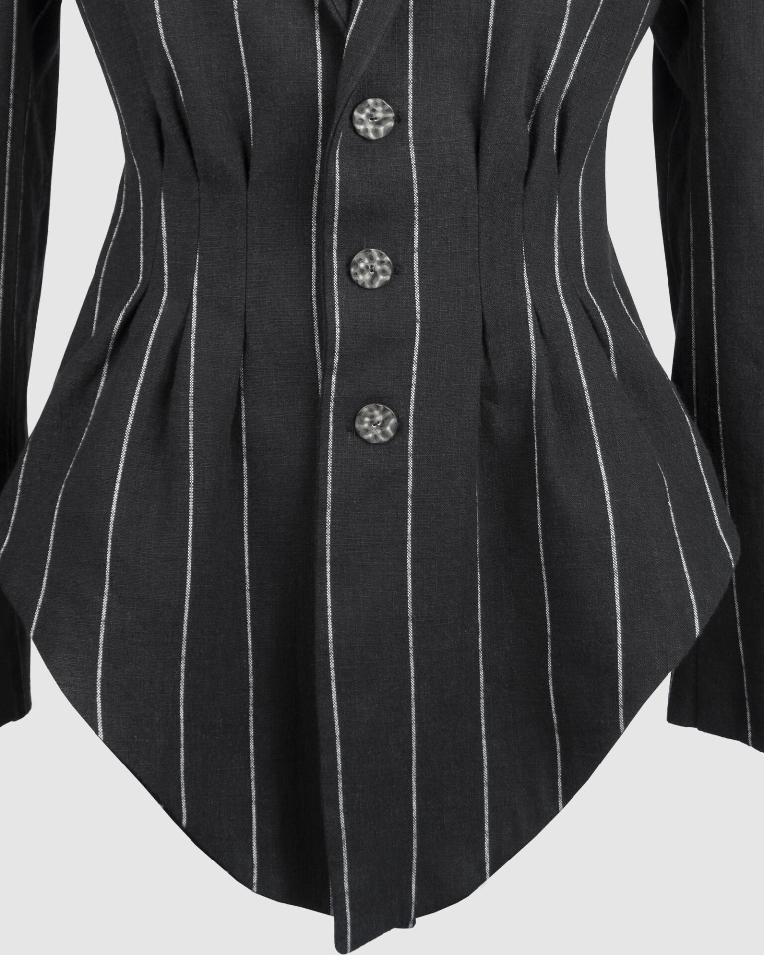 Fitted, single-breasted cotton velvet jacket with narrow peak lapels, released tucks at the waist, side seam pockets, and a softly pointed front hem.
