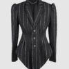 Fitted, single-breasted cotton velvet jacket with narrow peak lapels, released tucks at the waist, side seam pockets, and a softly pointed front hem.