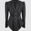 Fitted, single-breasted cotton velvet jacket with narrow peak lapels, released tucks at the waist, side seam pockets, and a softly pointed front hem.