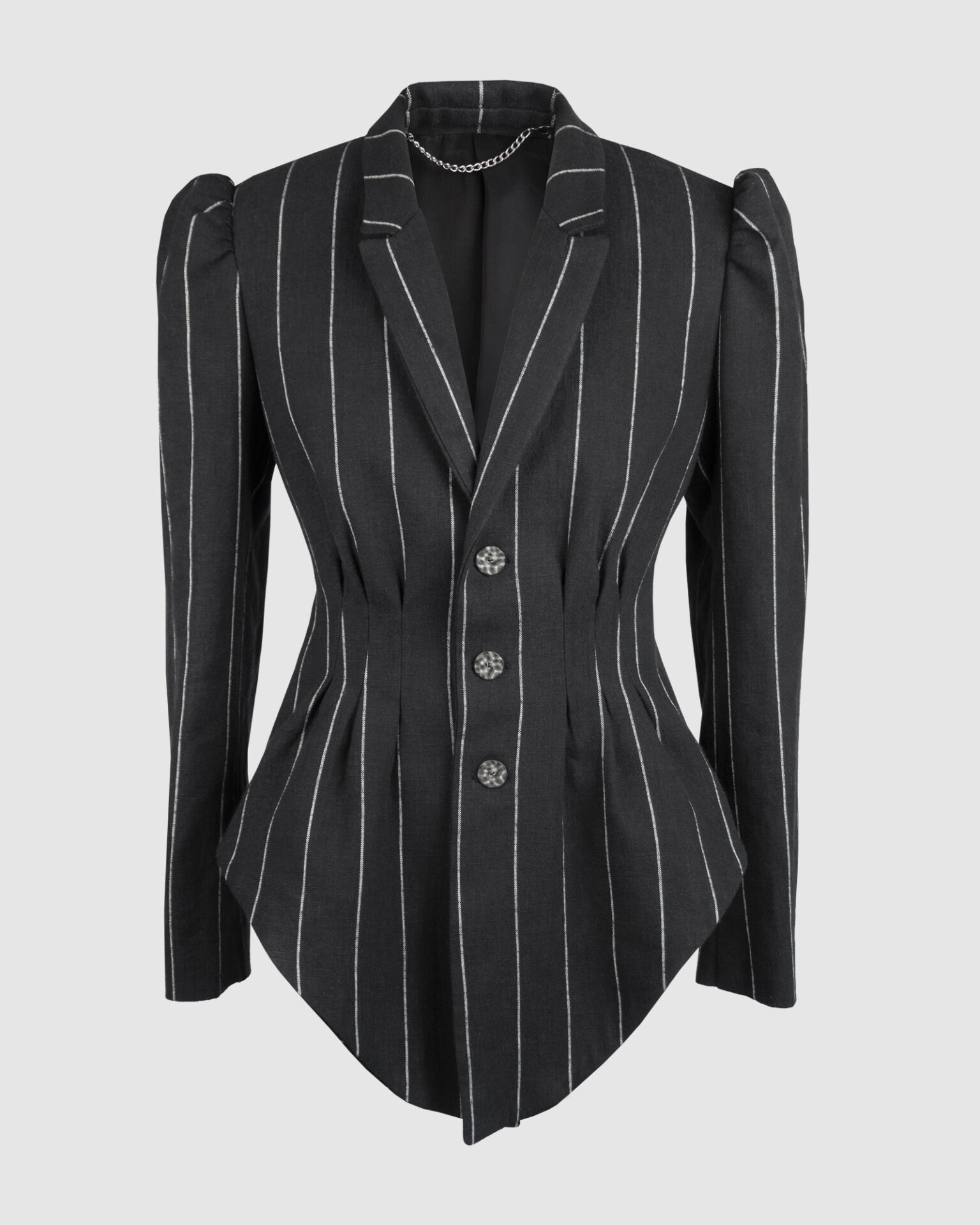 Fitted, single-breasted cotton velvet jacket with narrow peak lapels, released tucks at the waist, side seam pockets, and a softly pointed front hem.