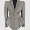 Fitted, single-breasted cotton velvet jacket with narrow peak lapels, released tucks at the waist, side seam pockets, and a softly pointed front hem.