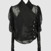 Fitted blouse with a draped front and voluminous sleeves