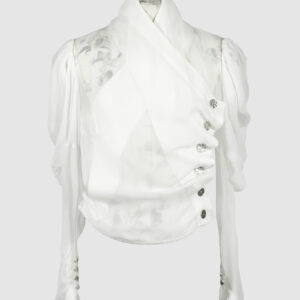 Fitted blouse with a draped front and voluminous sleeves