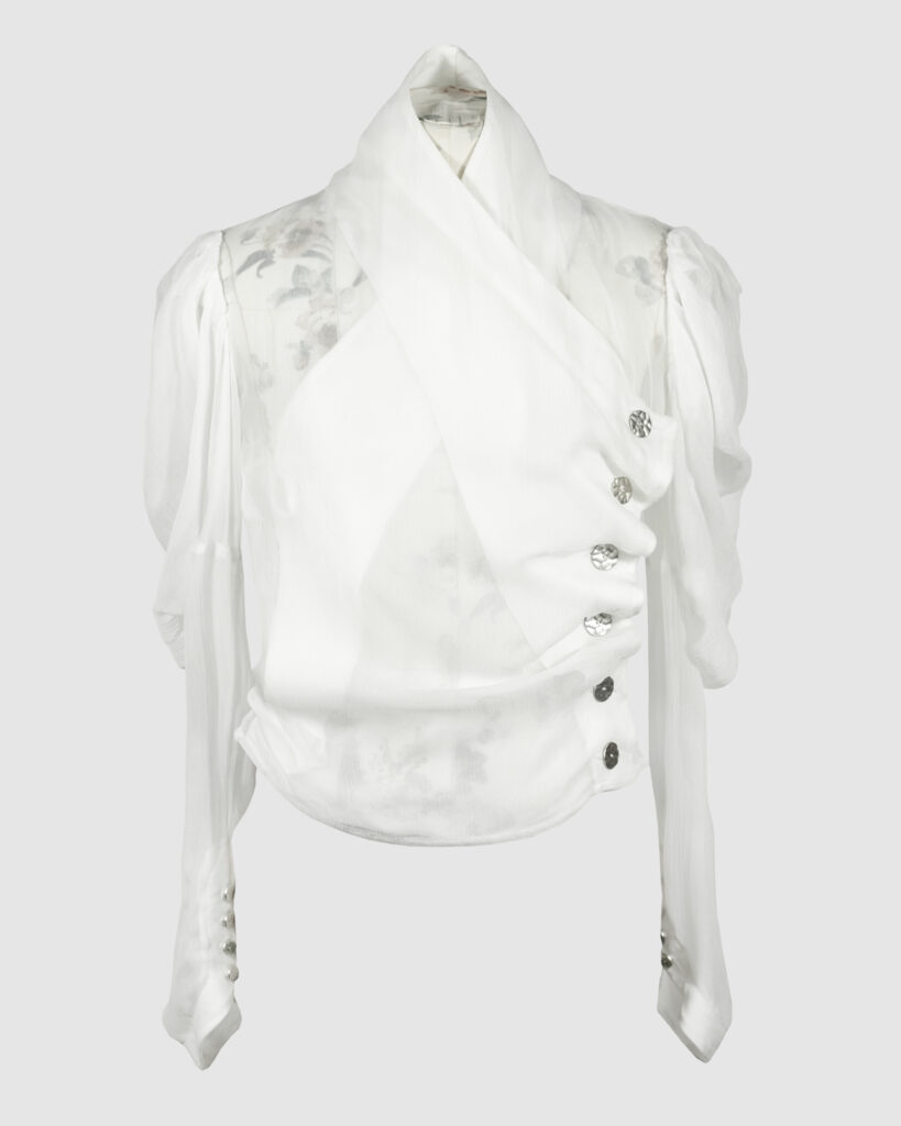 Fitted blouse with a draped front and voluminous sleeves