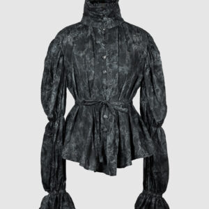 This loose-fitting blouse features a softly pointed front hem, a stand collar accented with a short ruffle, and a front button closure.