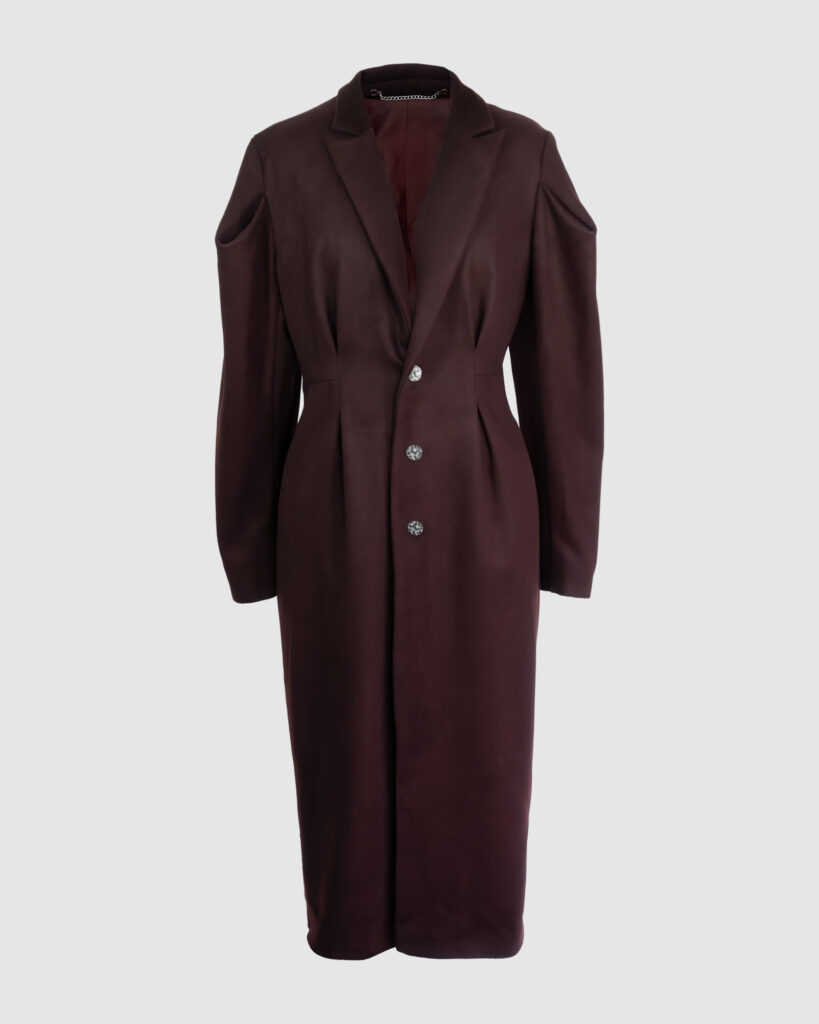Coat with draped sleeves
